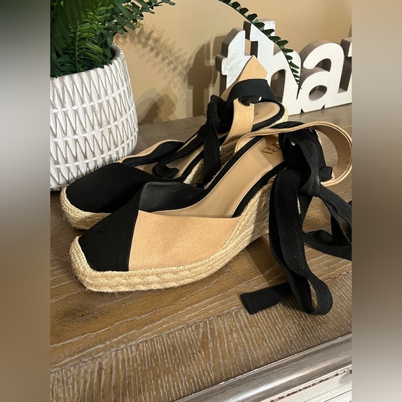 Zara Espadrille Wedge Sandals Black Tan Ankle Tie Wrap Platform Heels Size 8.5 - Picture 14 of 16